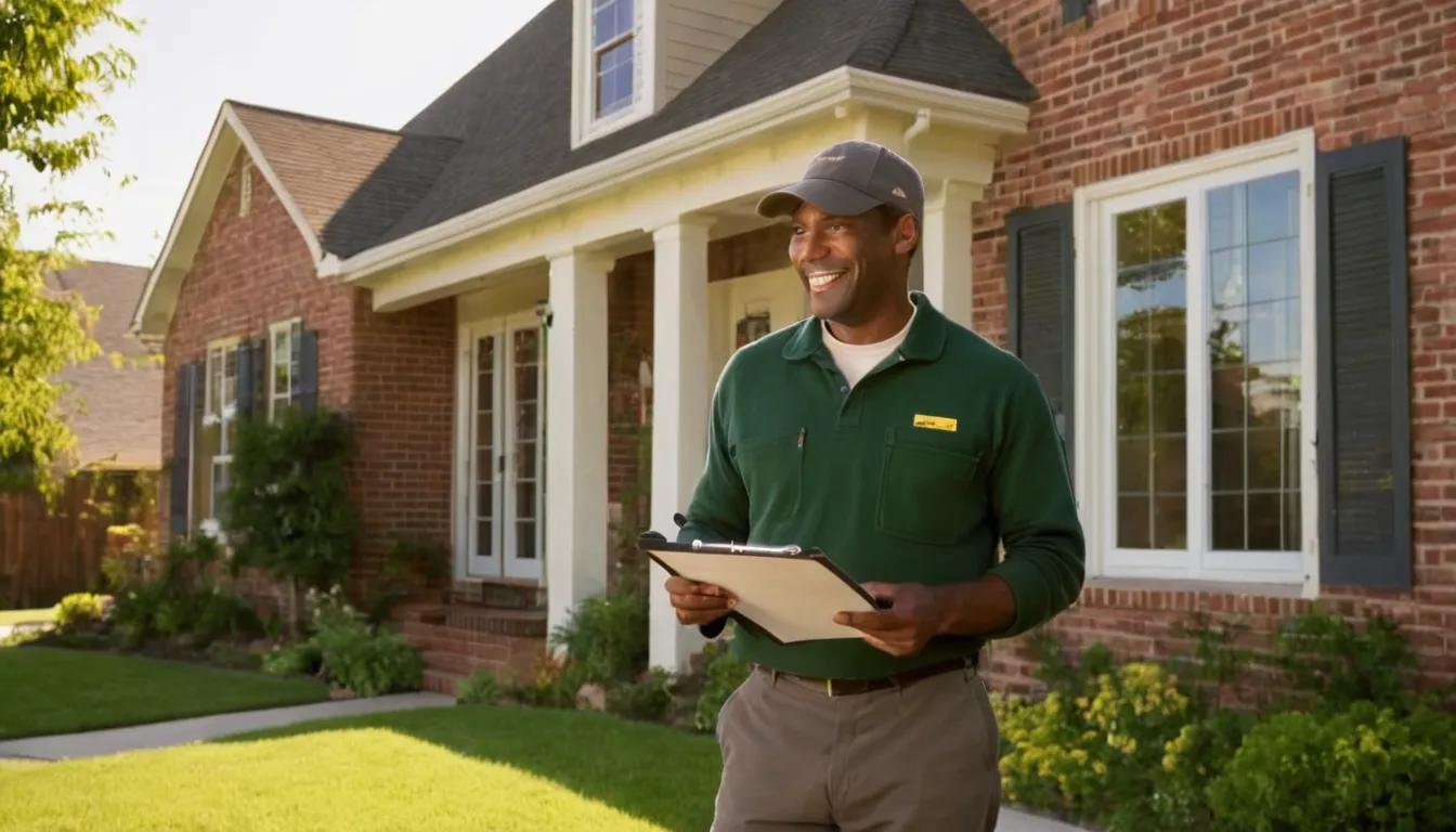 A friendly pest control provider talking with a homeowner at the front door of a Hueytown home